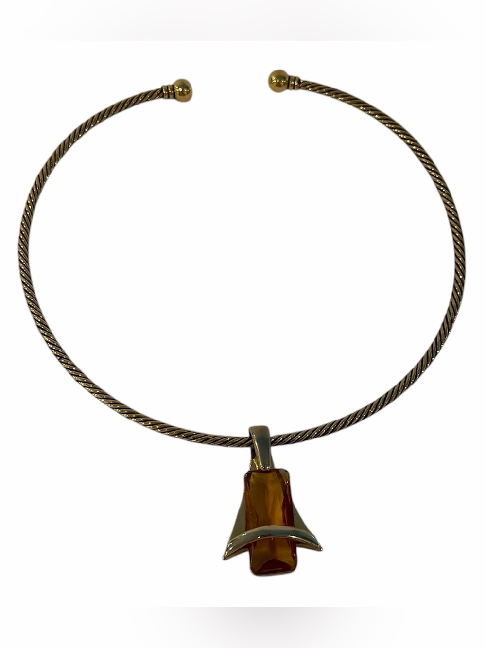 Gold Tone Twisted Cable Collar Necklace Orange Gold Geometric Pendant Choker
